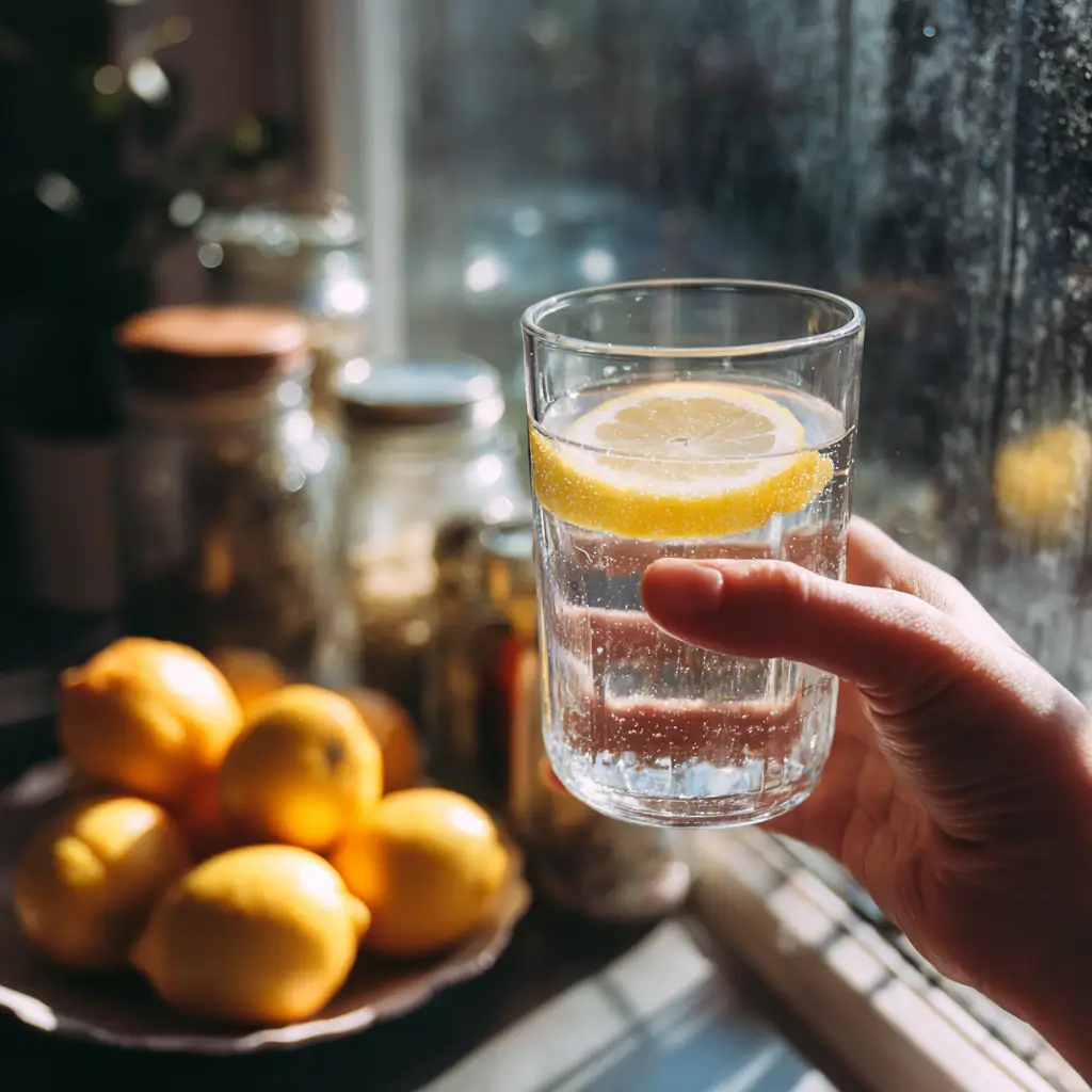 Hand holding lemon water in glass by a bright kitchen window