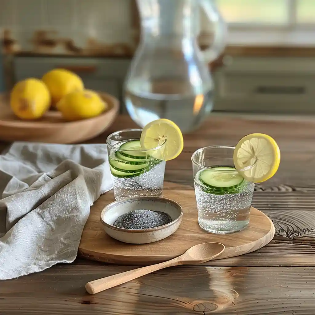 Hand sprinkling benefits of drinking celtic sea salt  into a glass of warm water