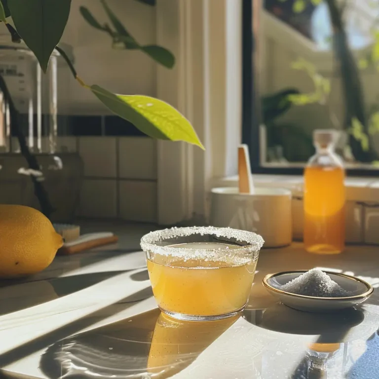 Hand sprinkling gray Celtic sea salt into a glass of warm water on a wooden countertop