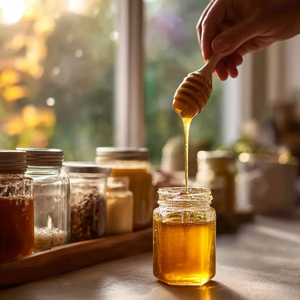 Hand squeezing frozen honey bottle near a bright window