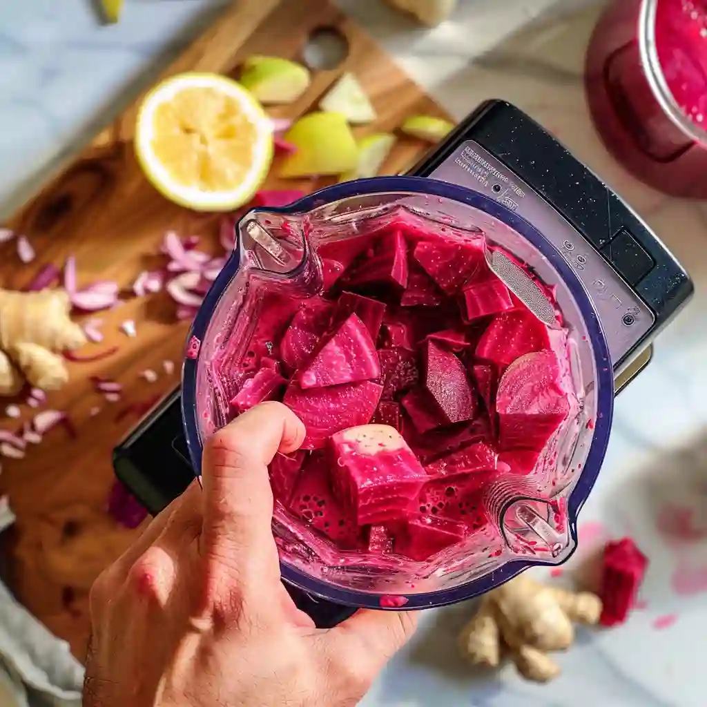 Hands chopping raw beets on a cutting board with lemon and apple nearby