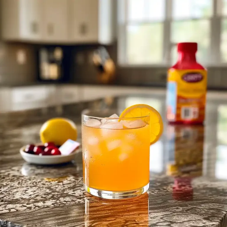 Homemade Certo detox drink in a clear glass with lemon and ice on a kitchen counter