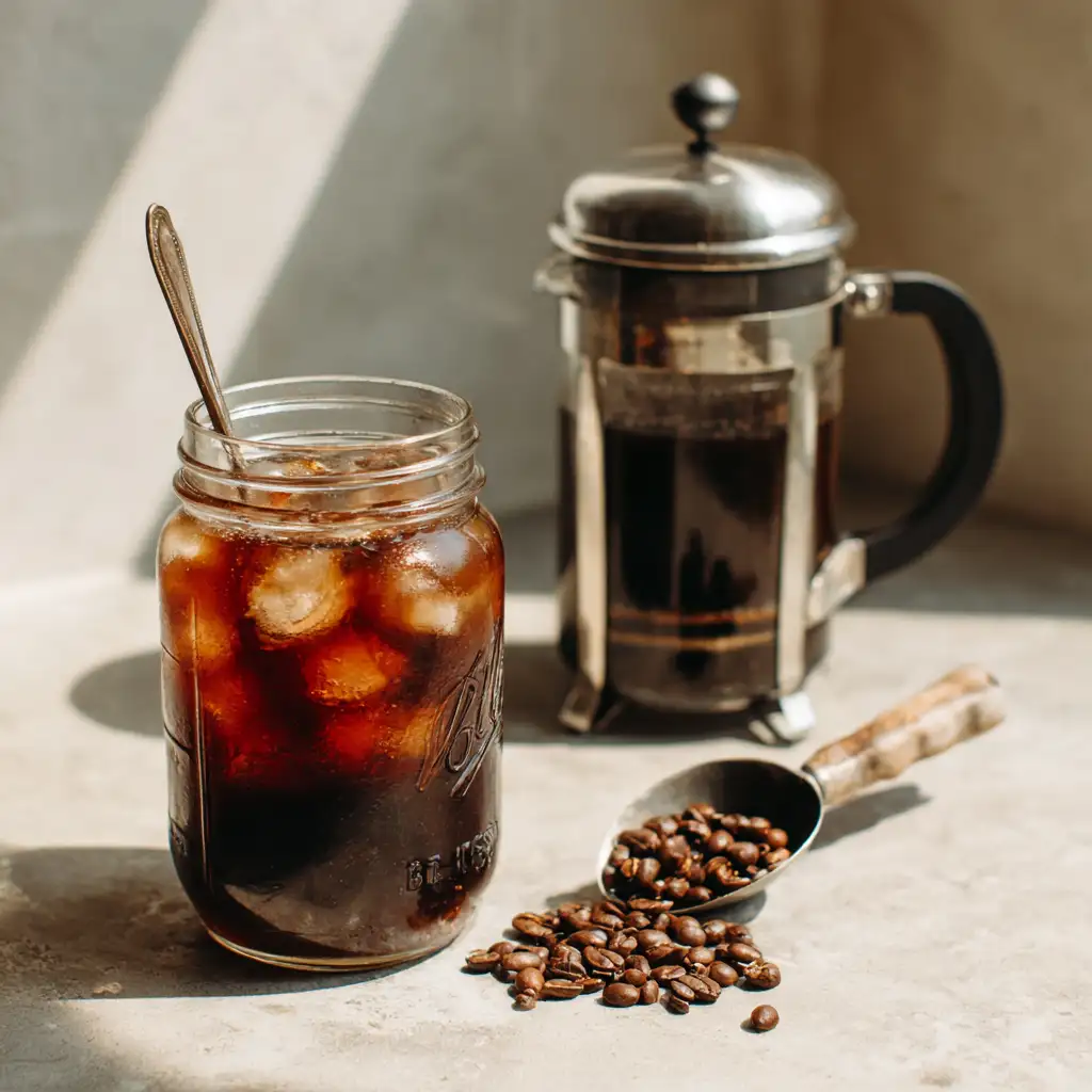 how to brew cold brew coffee_Homemade cold brew setup with coffee beans and a French press on a kitchen counter