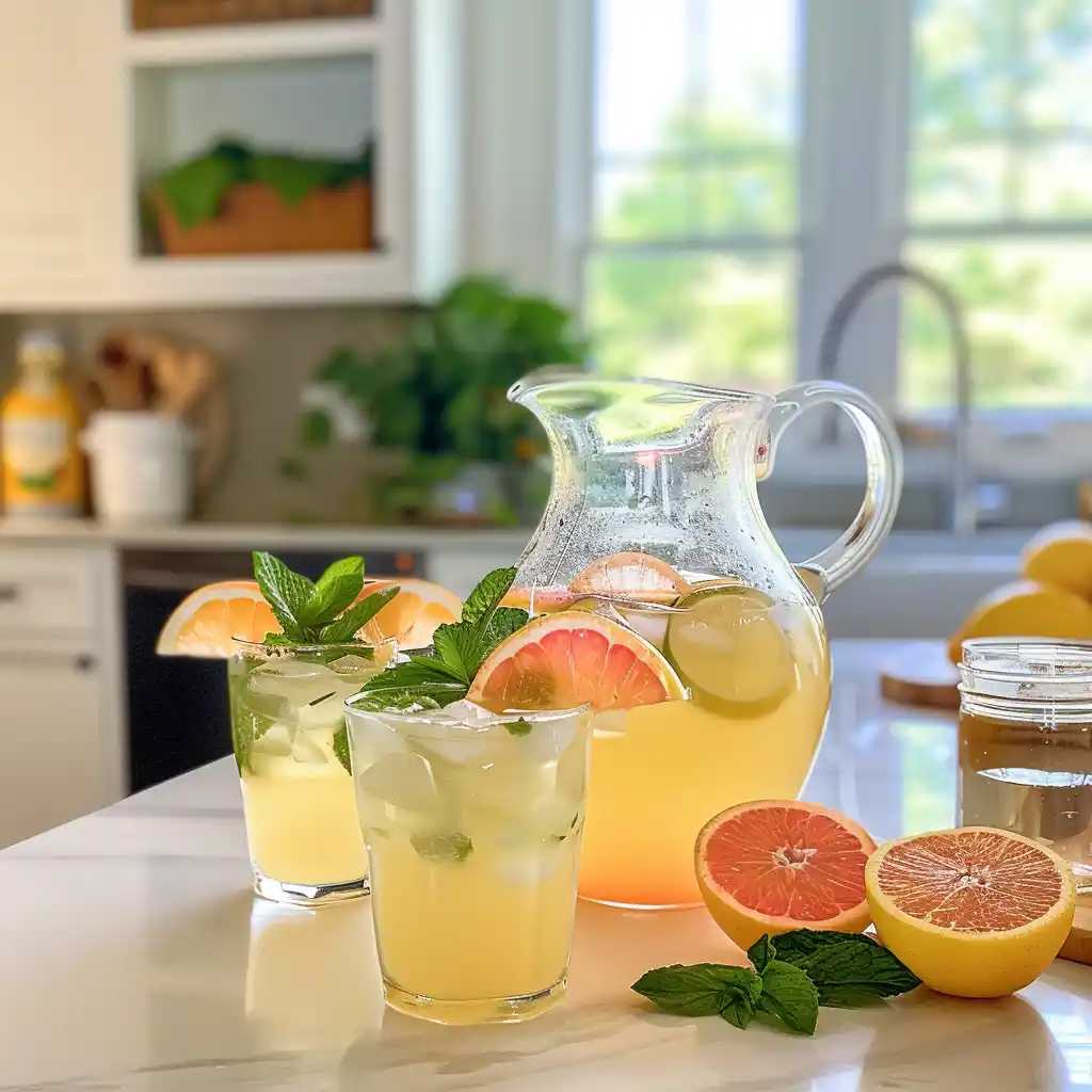 Homemade Gatorade served in a pitcher and glasses for family hydration