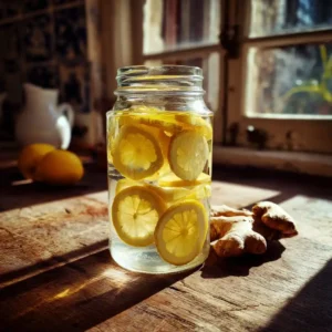 Homemade ginger lemon detox water with lemon slices in a glass jar