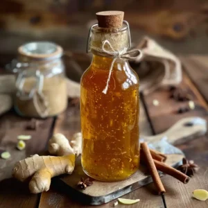 Homemade gingerbread syrup in a glass bottle with cinnamon sticks and fresh ginger beside it
