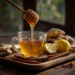 Honey dripping into herbal tea with lemon and ginger beside it