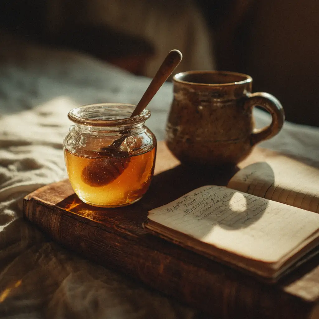 Raw Honey Trick on a ceramic spoon resting on a nightstand beside a journal and tea