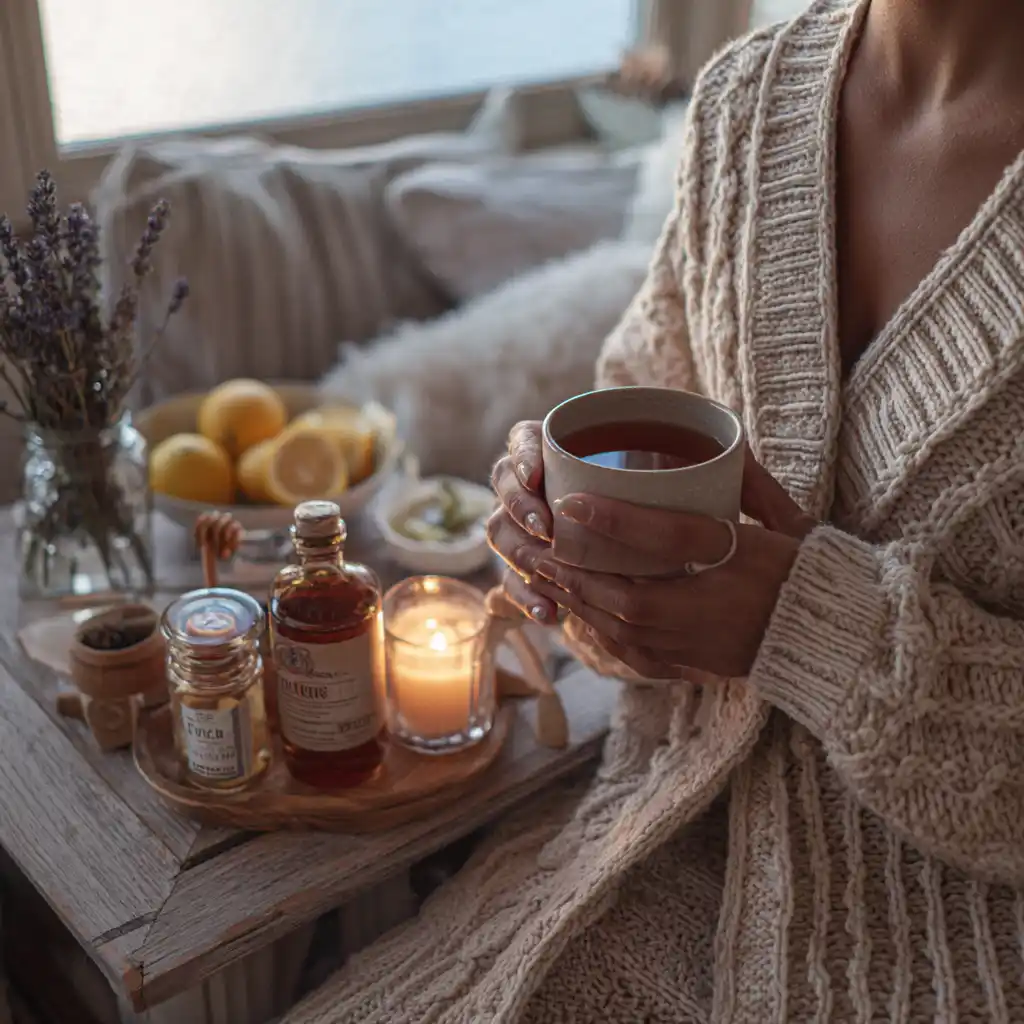 Relaxed scene of cozy evening Honey Trick tea ritual in a lived-in living room