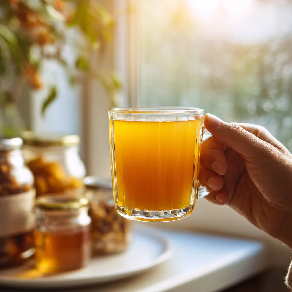 Hand holding turmeric Honey Trick tea near a bright morning kitchen window