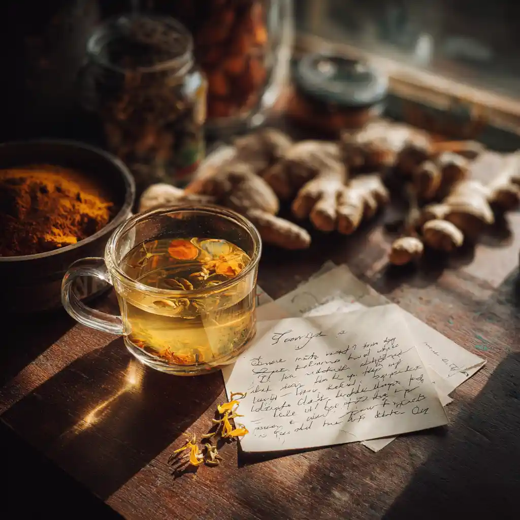 Memory-enhancing tea with honey, turmeric, and ginkgo in warm lighting
