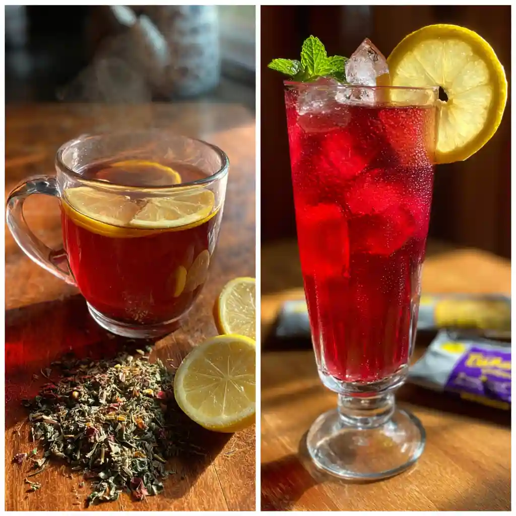 lemon zinger tea benefits_Hot and iced lemon zinger tea side by side with lemon wheels, mint, and herbal ingredients on a home table