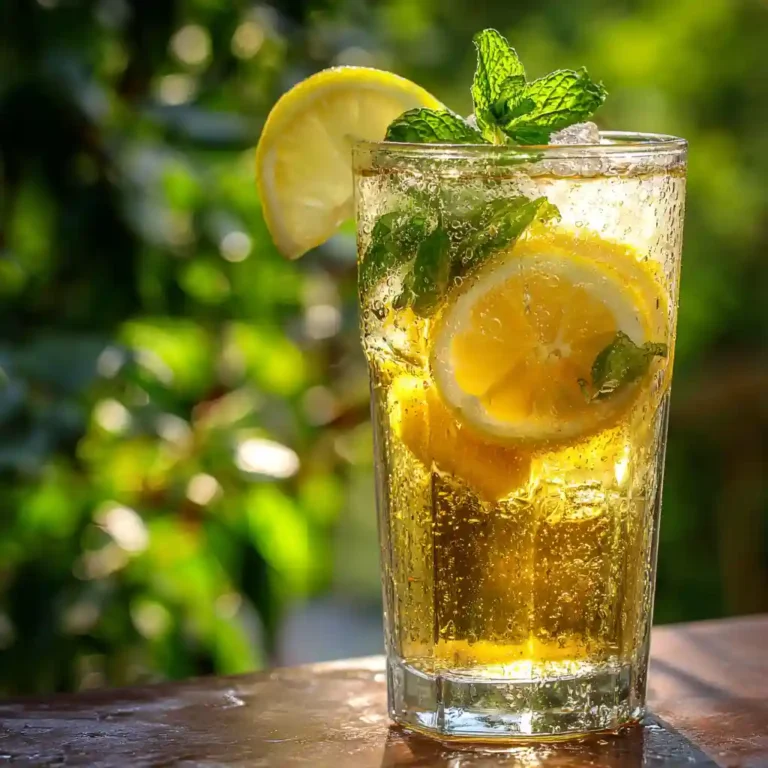 Iced green tea with lemon and mint served on a sunny outdoor table