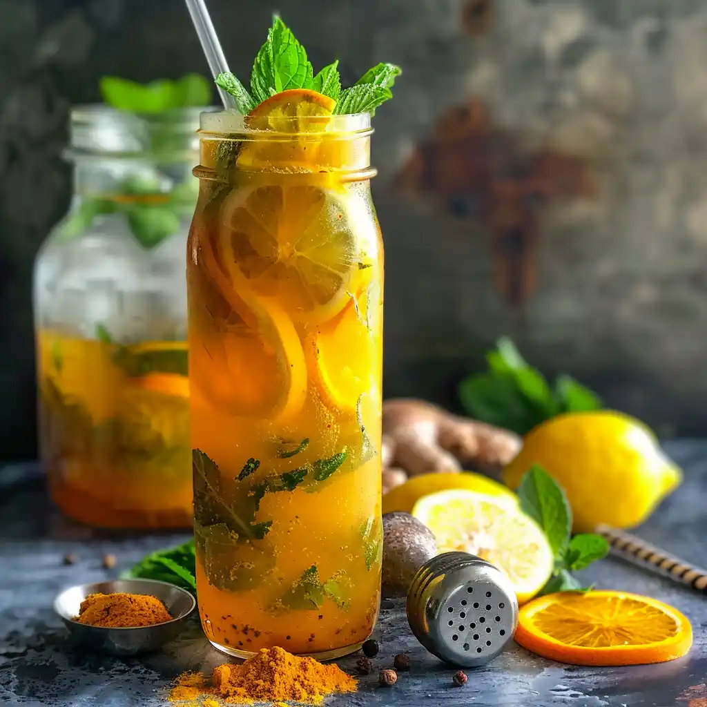 Iced turmeric-citrus detox water variation of the turmeric hack for weight loss recipe