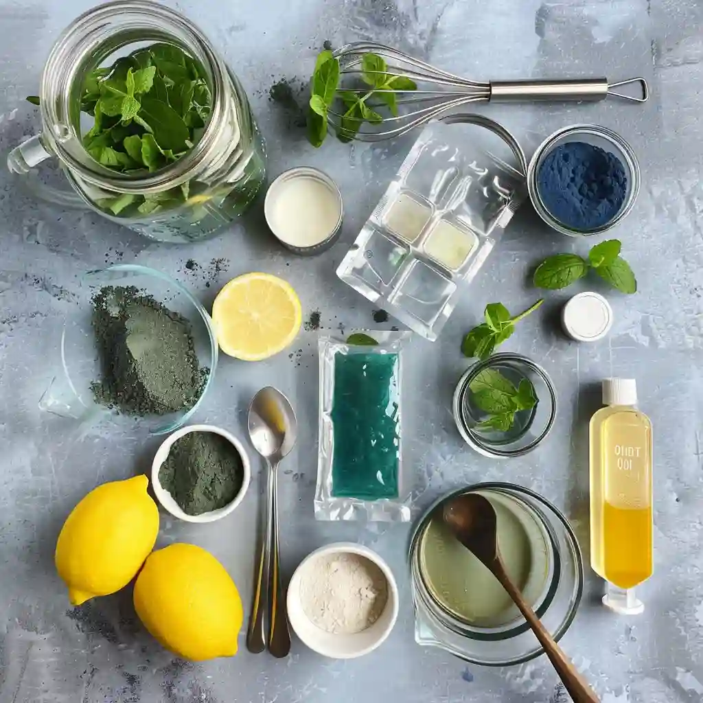 Ingredients for blue gelatin weight loss – gelatin packets, blue spirulina, butterfly pea powder, stevia, vanilla, lemons, mint, water