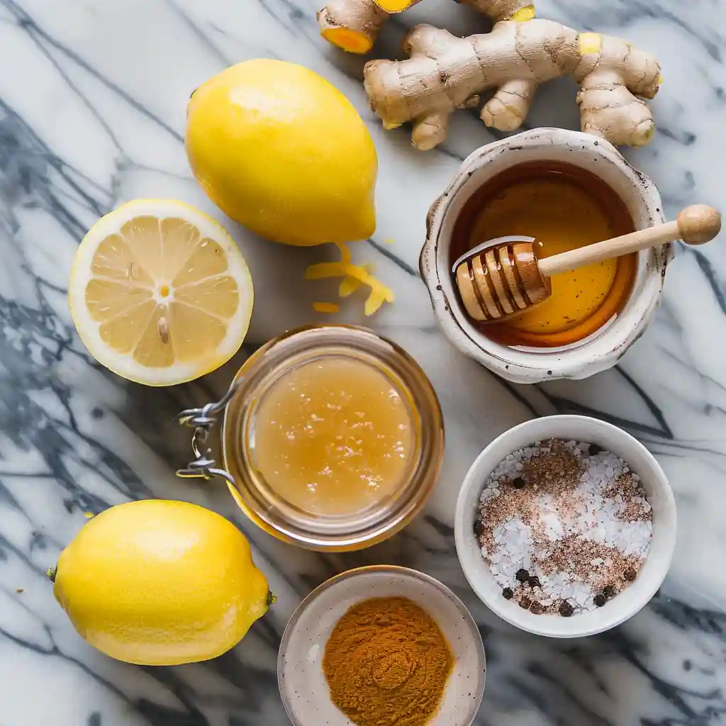 Ingredients for elephant trick recipe for memory – lemons, raw honey, pink Himalayan salt and warm water