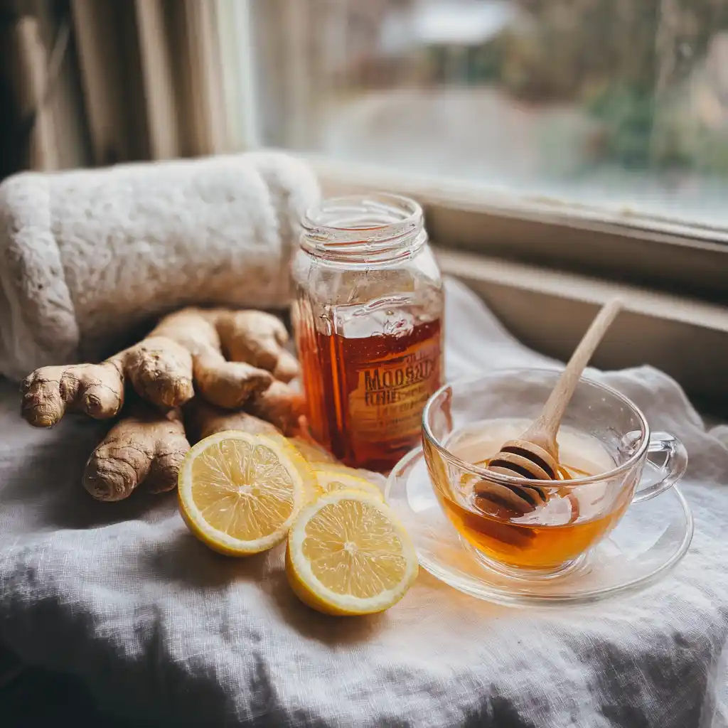 Ingredients for ginger lemon honey tea on a linen cloth