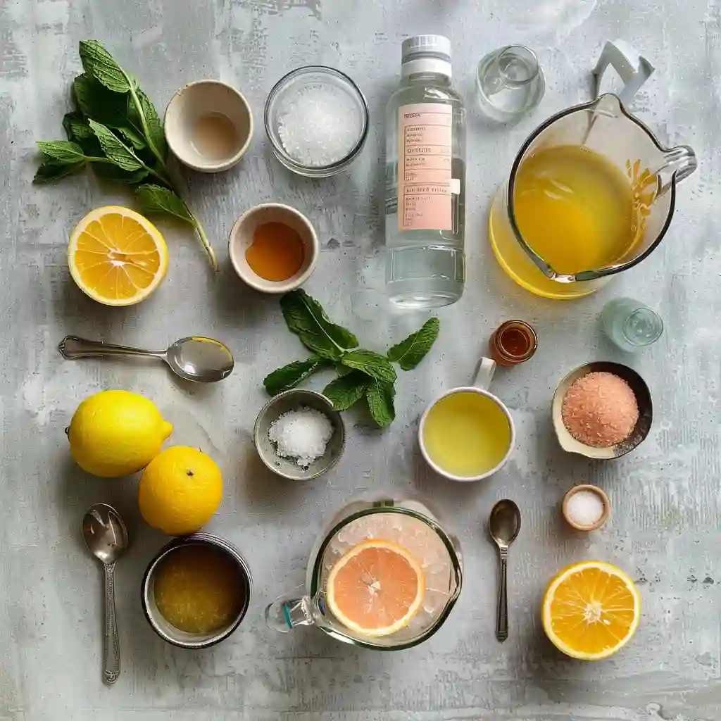 Ingredients for homemade Gatorade recipe laid out on a wooden counter