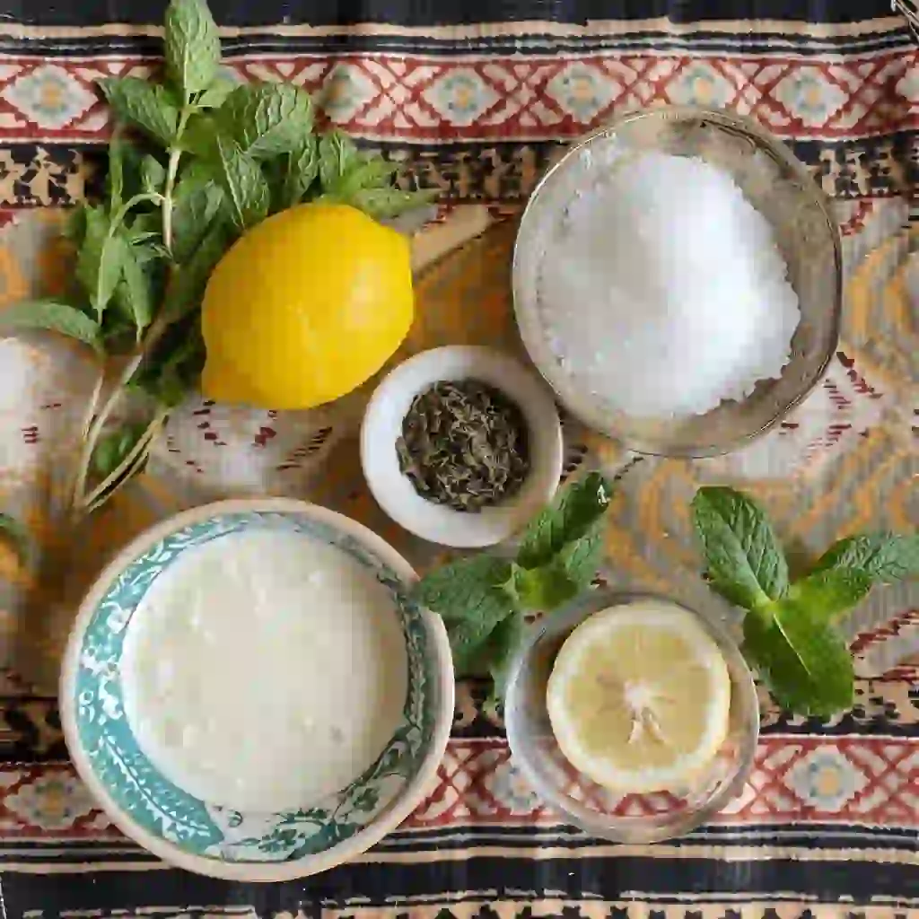 Ingredients for Persian yogurt drink – yogurt, water, salt, dried mint, lemon, and fresh herbs