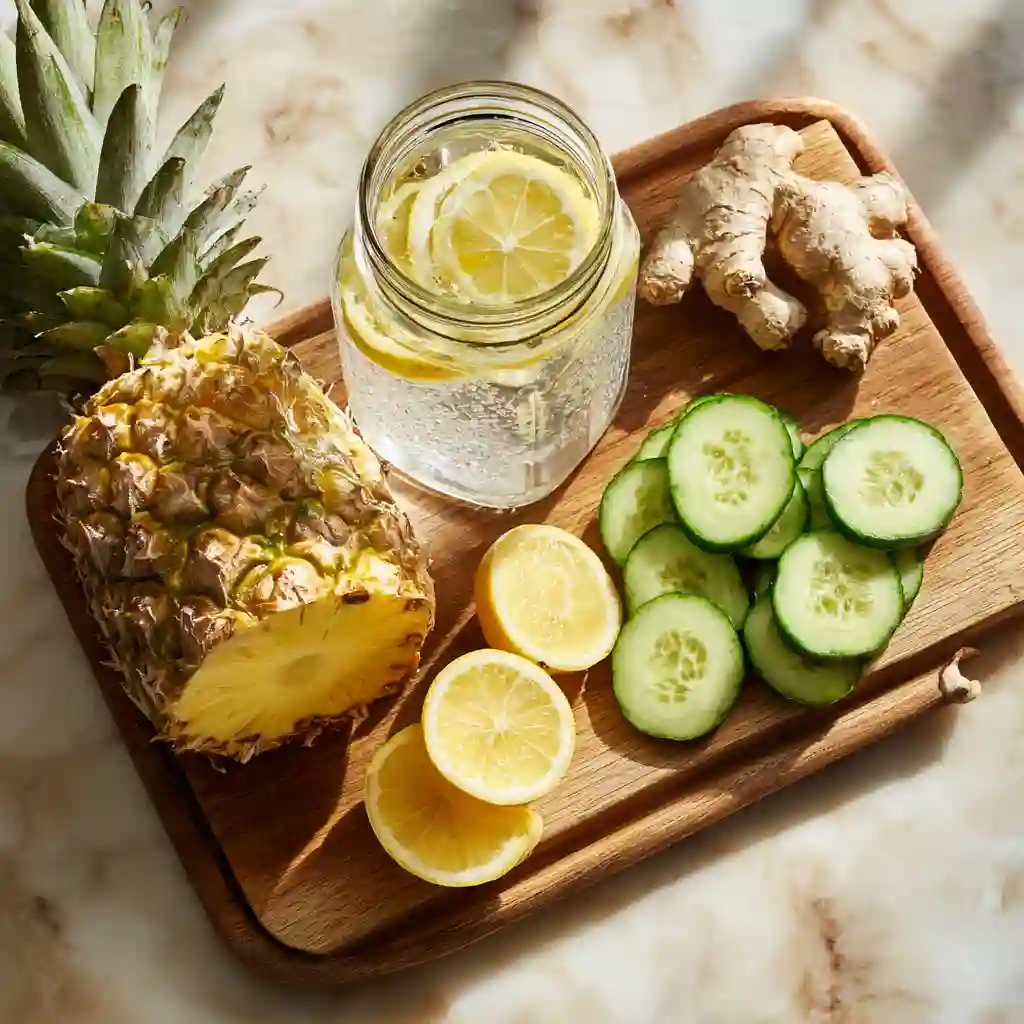 Ingredients for pineapple cucumber detox water on a marble counter