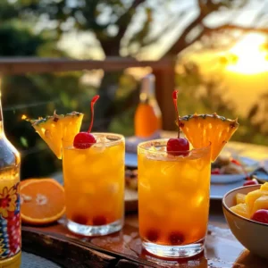 Jamaican Cowboy Drink cocktail in a tall hurricane glass with pineapple and cherry garnish on a rustic bar