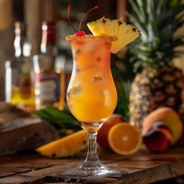 Jamaican Cowboy Drink mocktail made with pineapple juice, orange juice, peach nectar and coconut cream in a fun glass