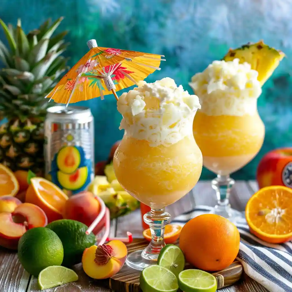 Jamaican Cowboy Drink next to a small lineup of different rums and tequilas used in the recipe