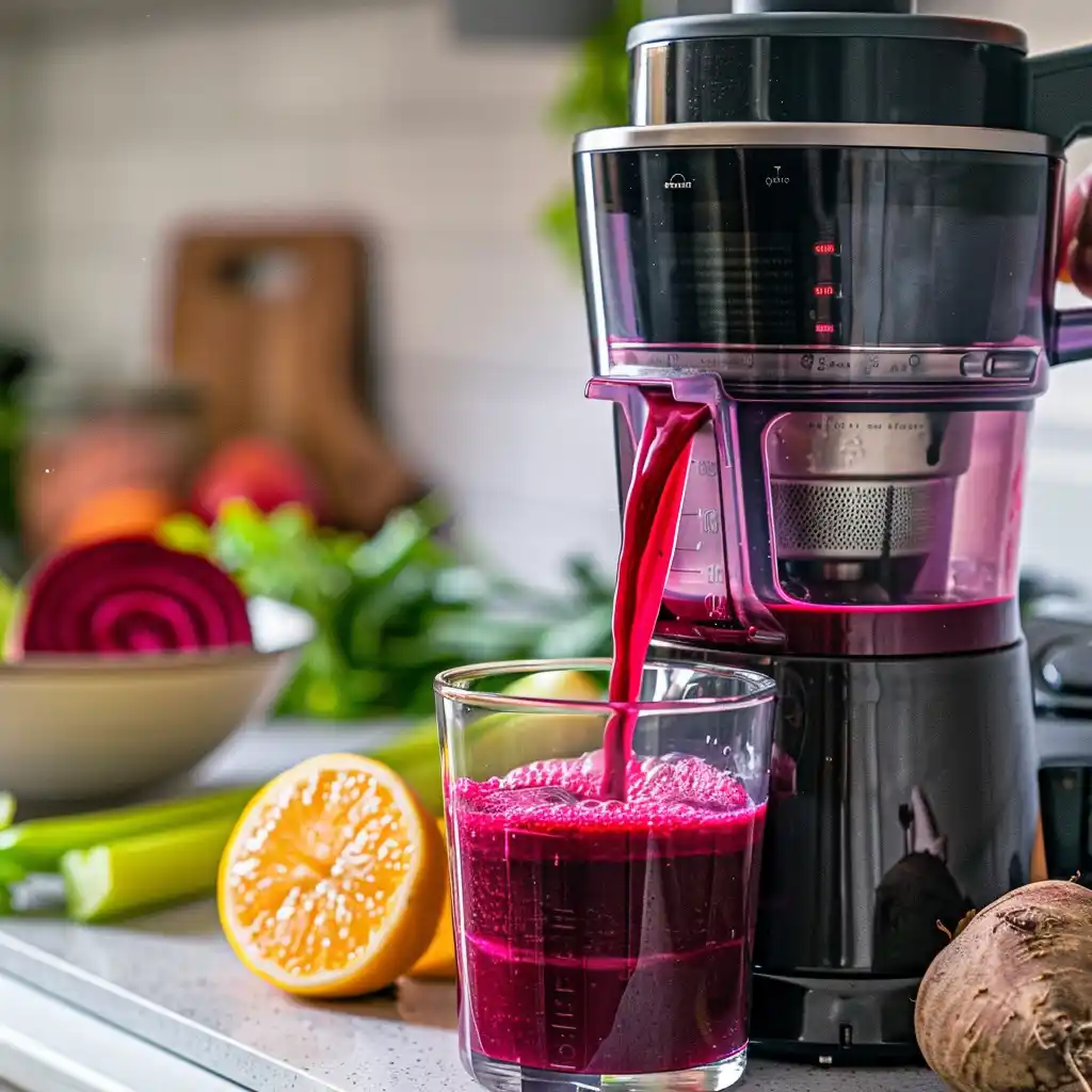 Juicing fresh beets and lemon into a clear glass on a kitchen counter