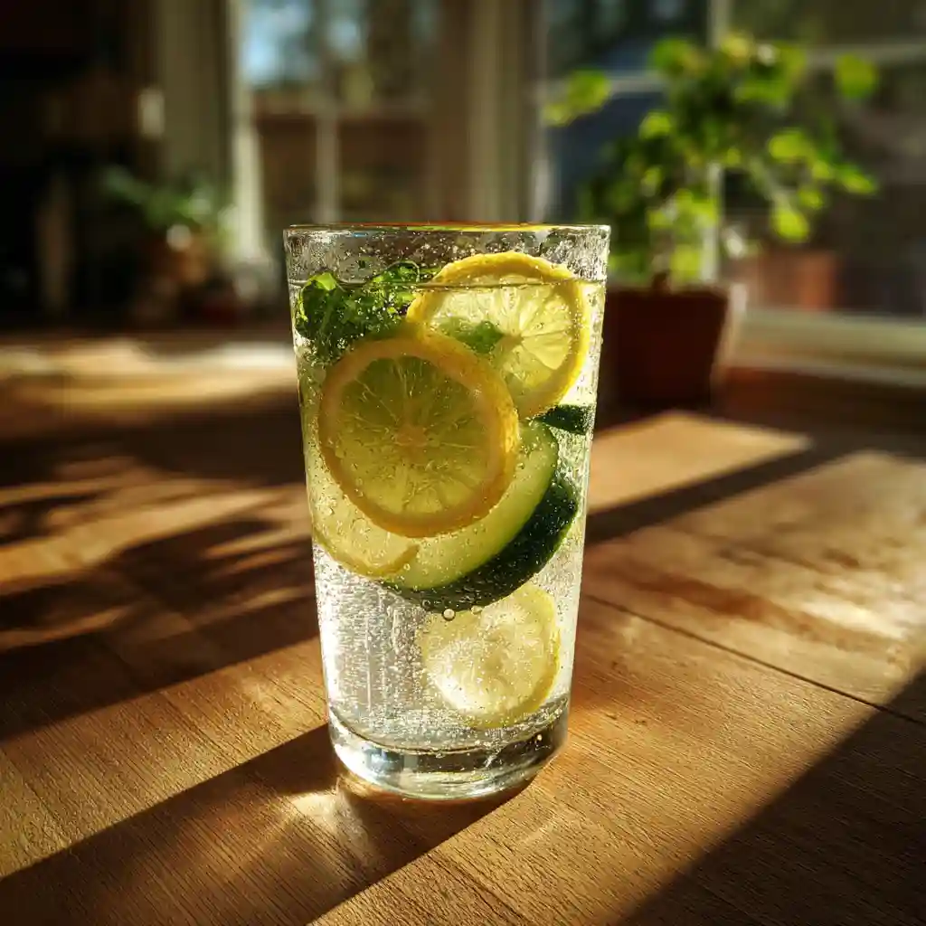 Lemon water with cucumber and mint on a sunlit table