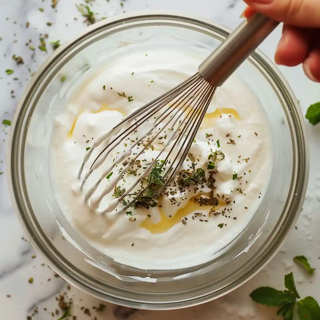 Mixing yogurt with cold water in a glass bowl for doogh