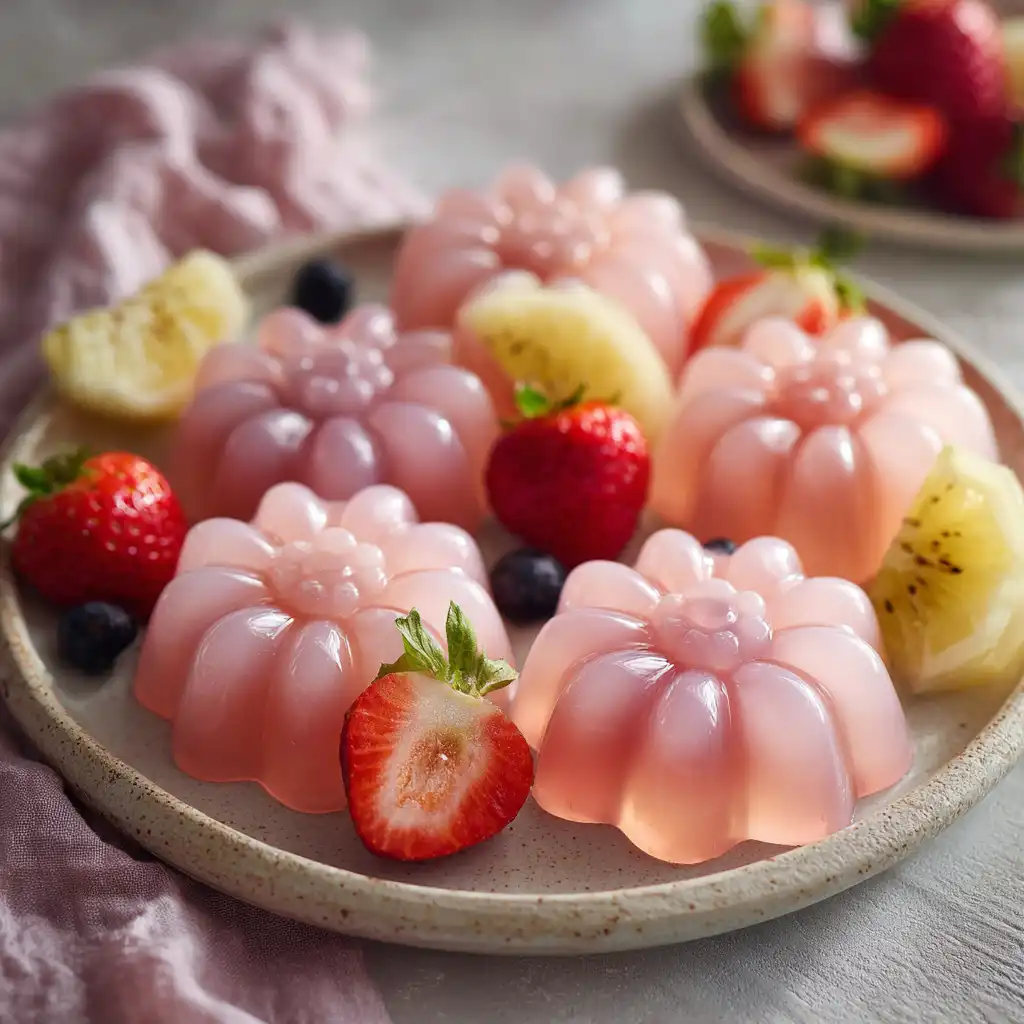 pink gelatin recipe_Molded pink gelatin flowers served with fresh fruit slices