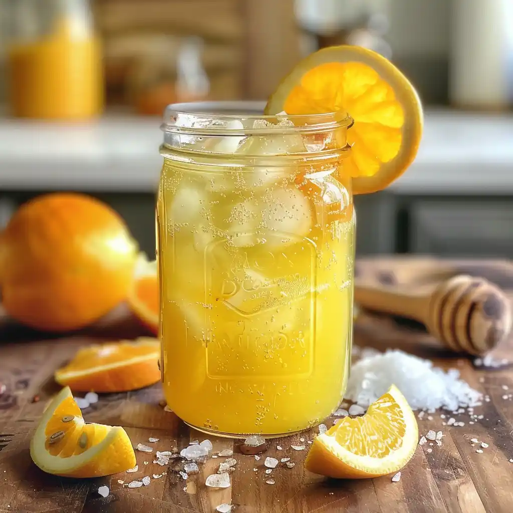 Natural Gatorade-style citrus electrolyte drink in a mason jar with fresh citrus and sea salt