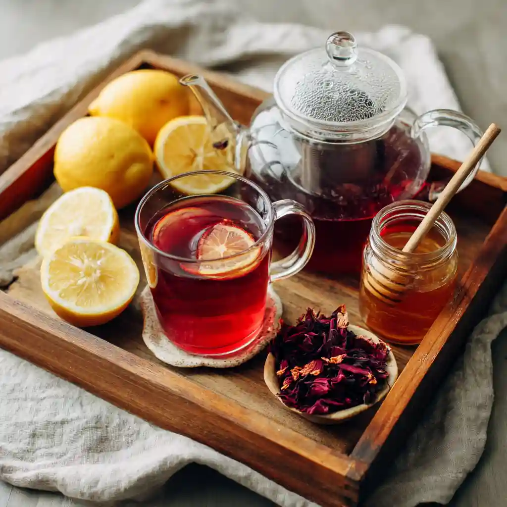 Overhead featured shot of lemon zinger tea in a glass teapot and mug with sliced lemons, hibiscus, rosehips, and honey on a wooden tray