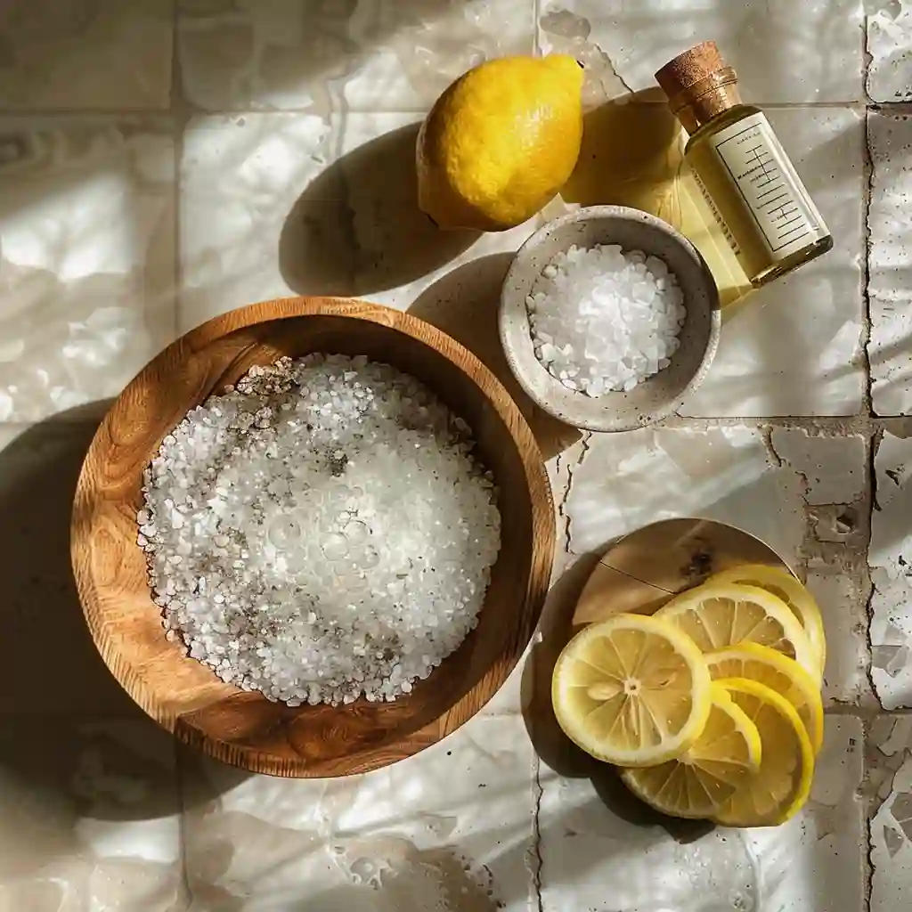 Benefits of Celtic Sea Salt- Overhead flat lay of Celtic sea salt trick ingredients including salt, lemon, honey, and apple cider vinegar