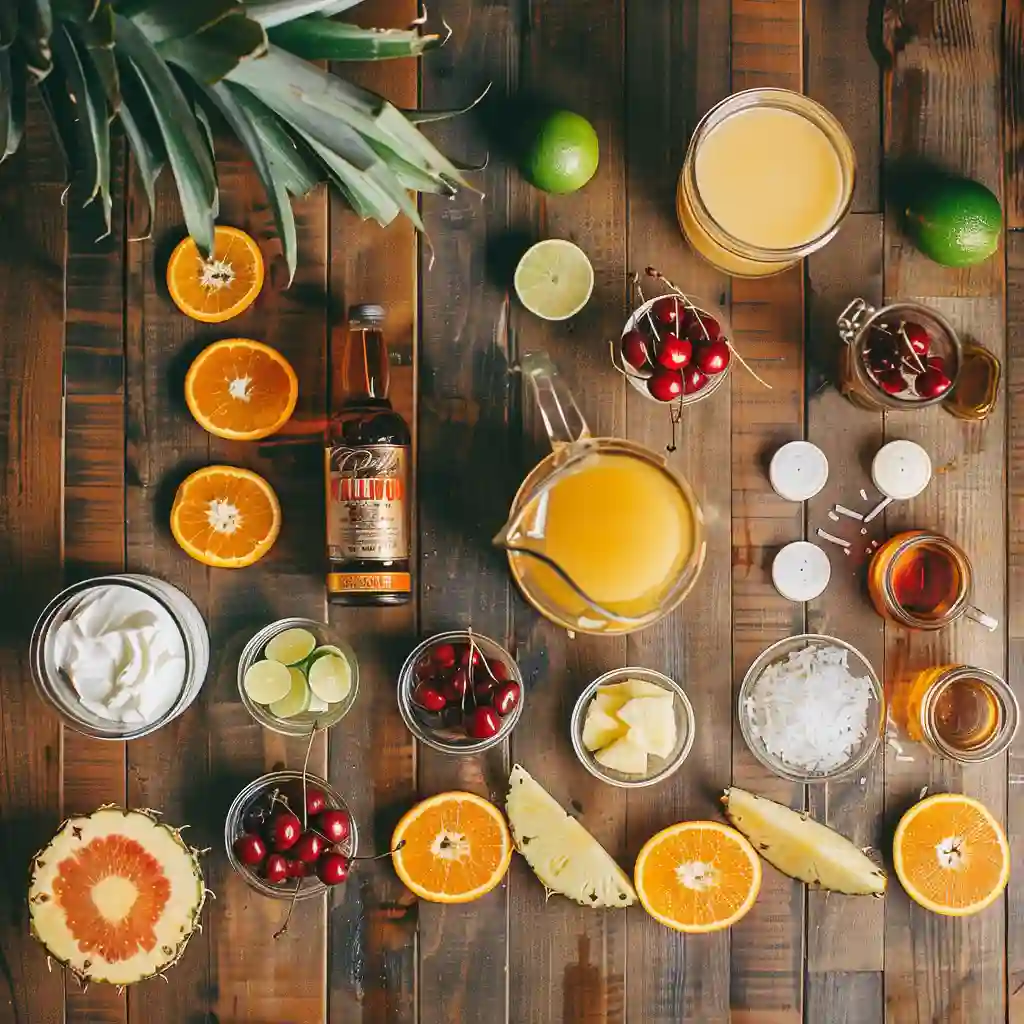 Overhead flatlay of Jamaican Cowboy Drink ingredients including Malibu rum, peach schnapps, tequila, pineapple juice and orange juice