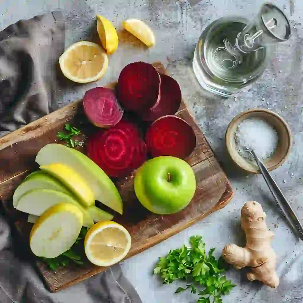 beet juice recipe juicing_Overhead flatlay of raw beets, lemon wedges, green apple slices, ginger, and water on a cutting board