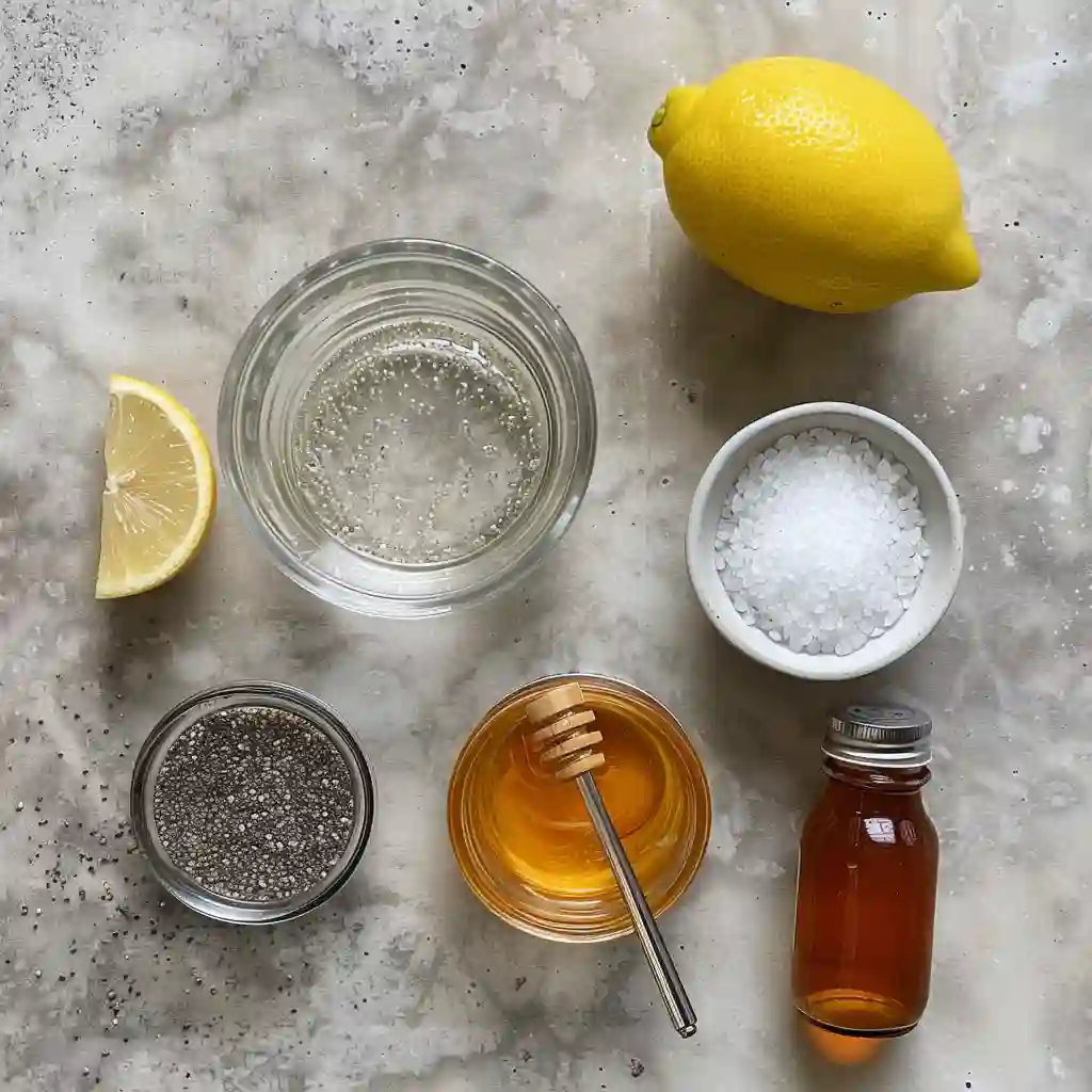 celtic salt trick ingredients - Overhead ingredients display of grey Celtic sea salt, filtered water, lemon, raw apple cider vinegar, and raw honey