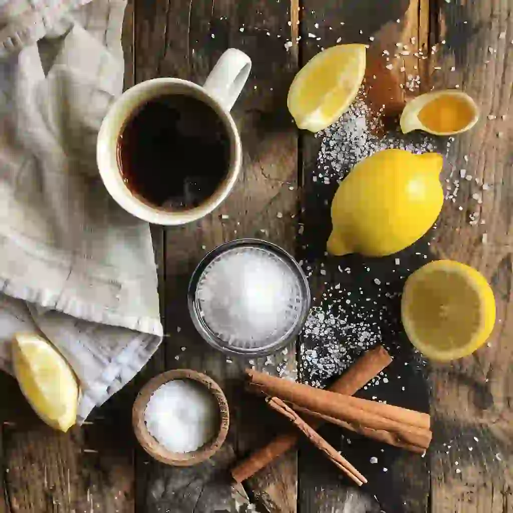 Overhead ingredients display—Celtic sea salt, coffee, warm lemon water, sliced lemon, cinnamon sticks, teaspoon