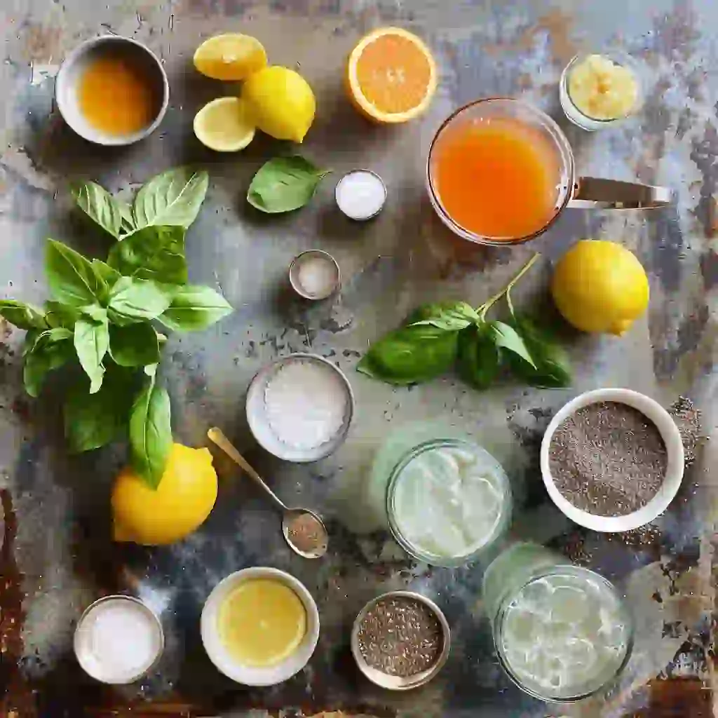 Overhead layout of ingredients for a homemade natural Gatorade recipe