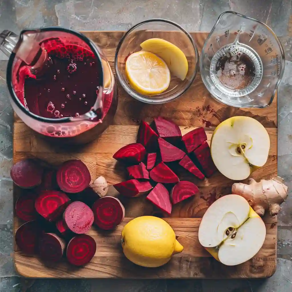 beet juice recipe blender_Overhead shot of chopped beets, apple, lemon, ginger, and water next to a blender