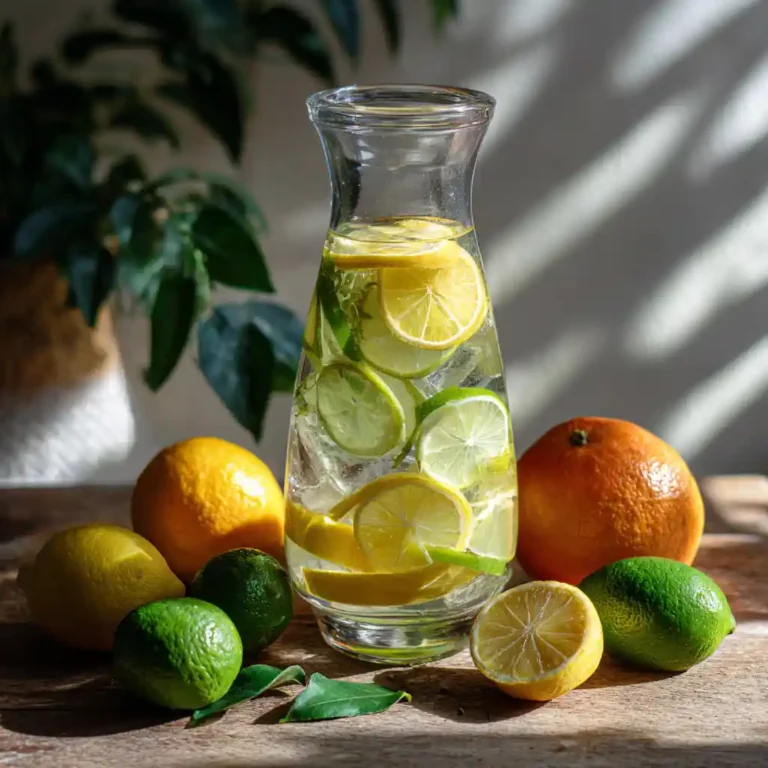 Overhead shot of lemon and lime detox water with citrus fruits