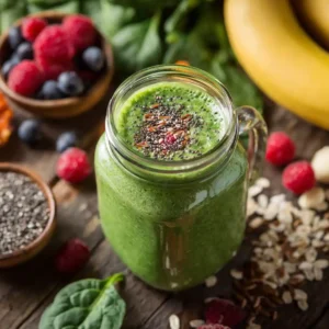 Overhead view of a vibrant green smoothie for weight loss in a mason jar