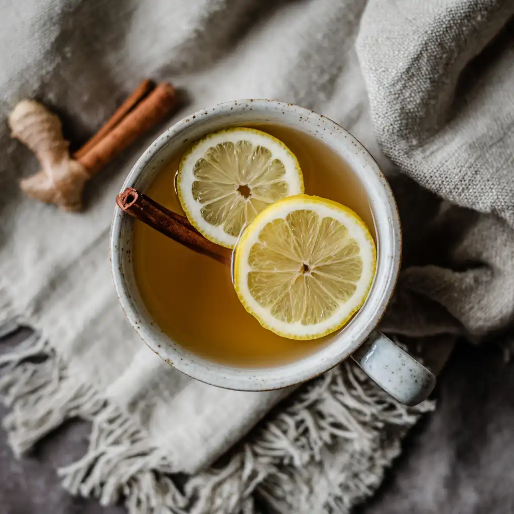 Overhead view of ginger tea with lemon and cinnamon