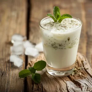 Persian yogurt drink (doogh) served chilled in a tall glass with dried mint