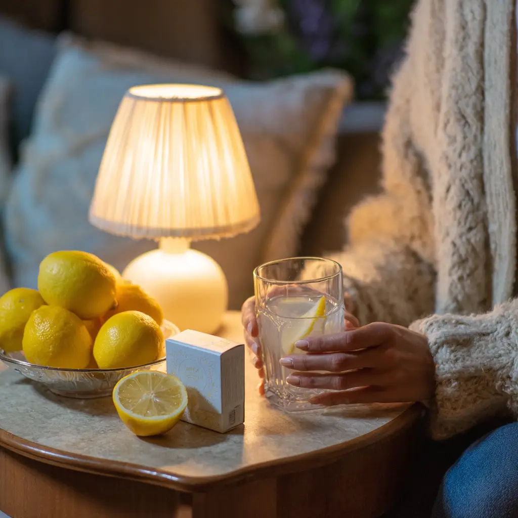 Person holding a baking soda wellness drink in a cozy living room