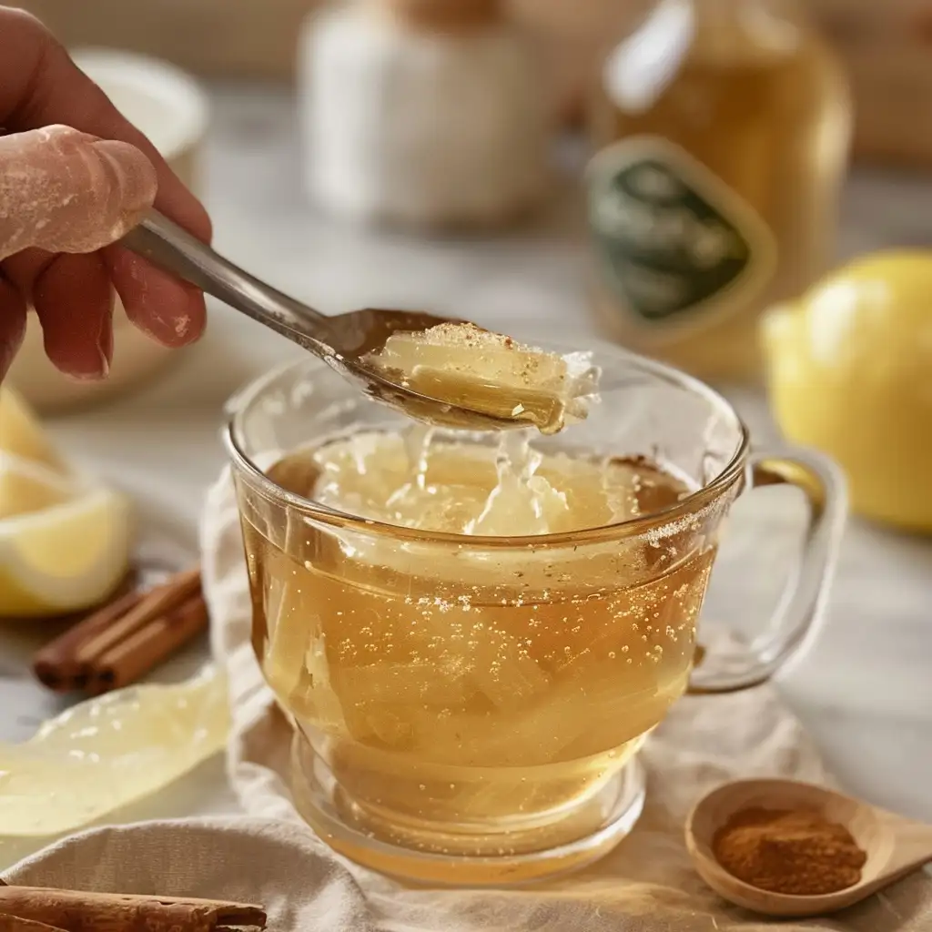 Person holding a warm gelatin drink while journaling healthy habits at the kitchen table
