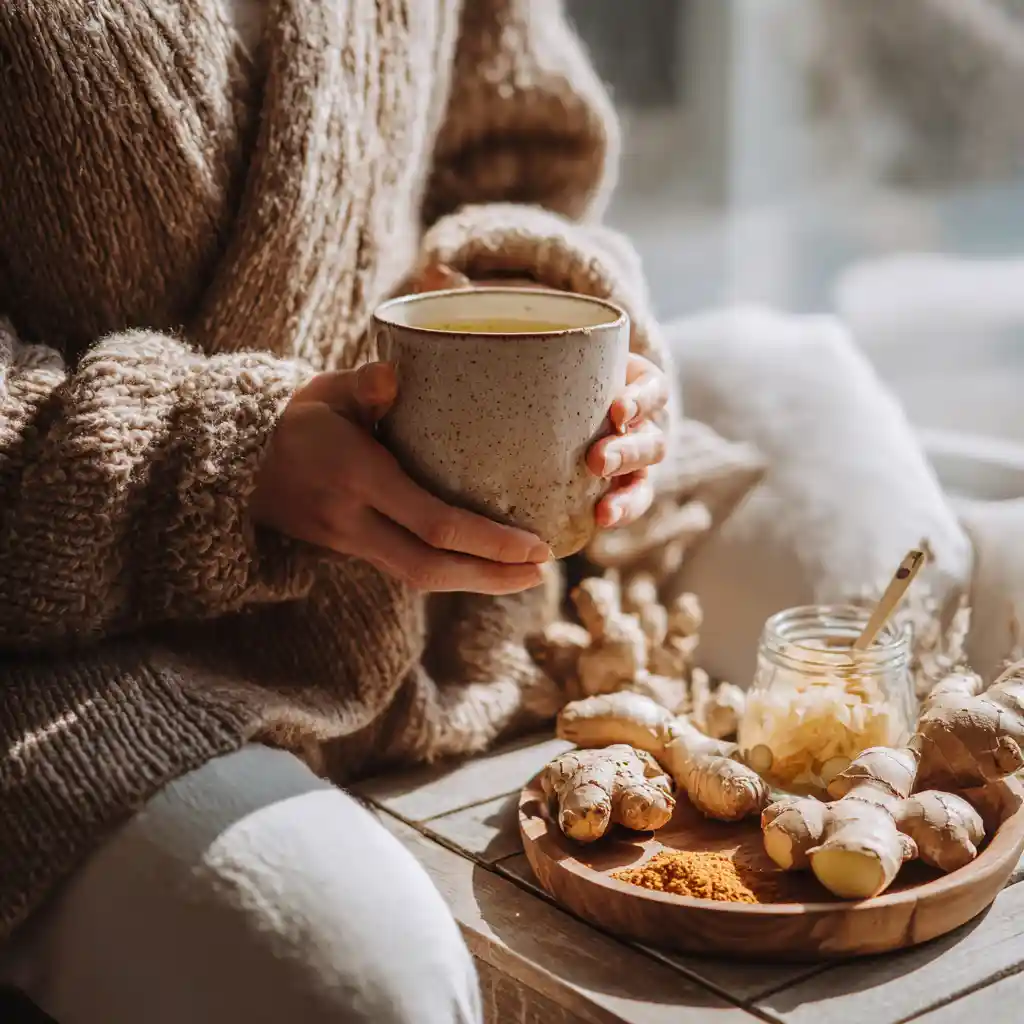 Person holding warm ginger detox drink in cozy living room