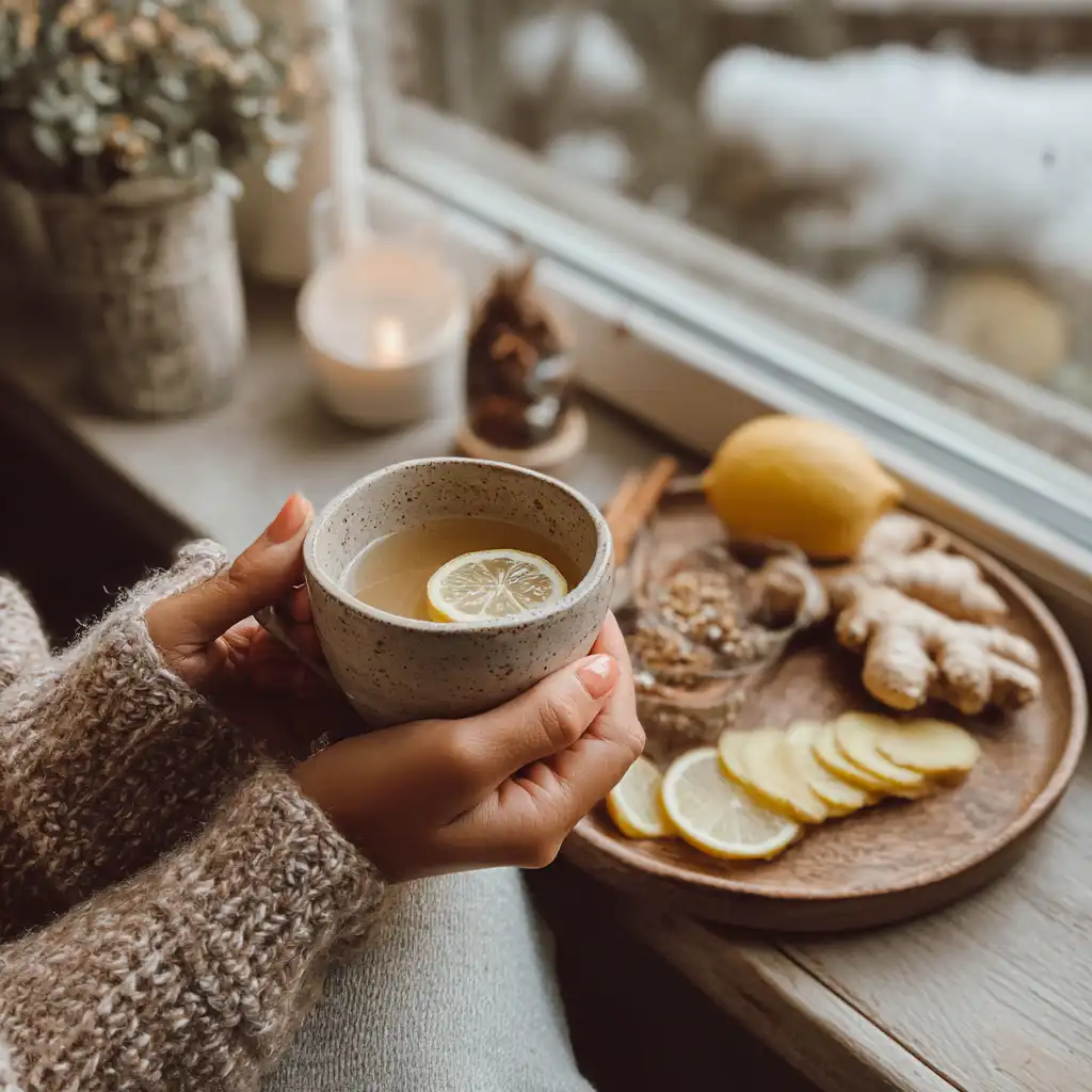 Person in cardigan holding warm ginger drink in living room with ingredients nearby