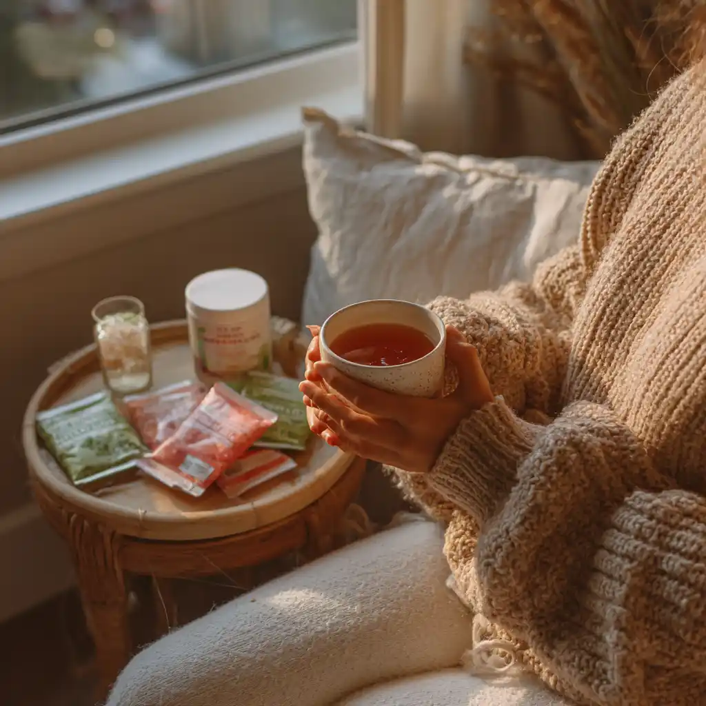 Person in cardigan holding bariatric jello with ingredients on side table