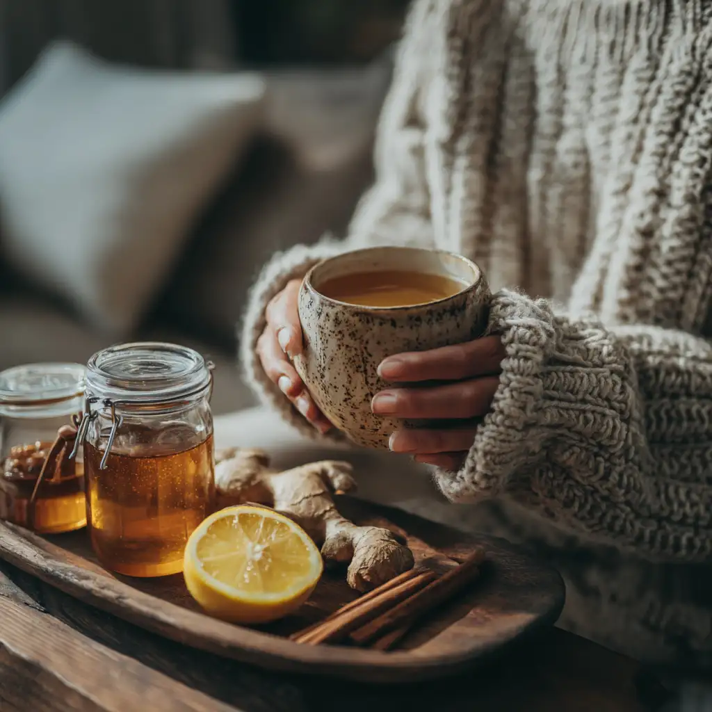 Person in cardigan holding Canaan honey drink in living room with ingredients beside